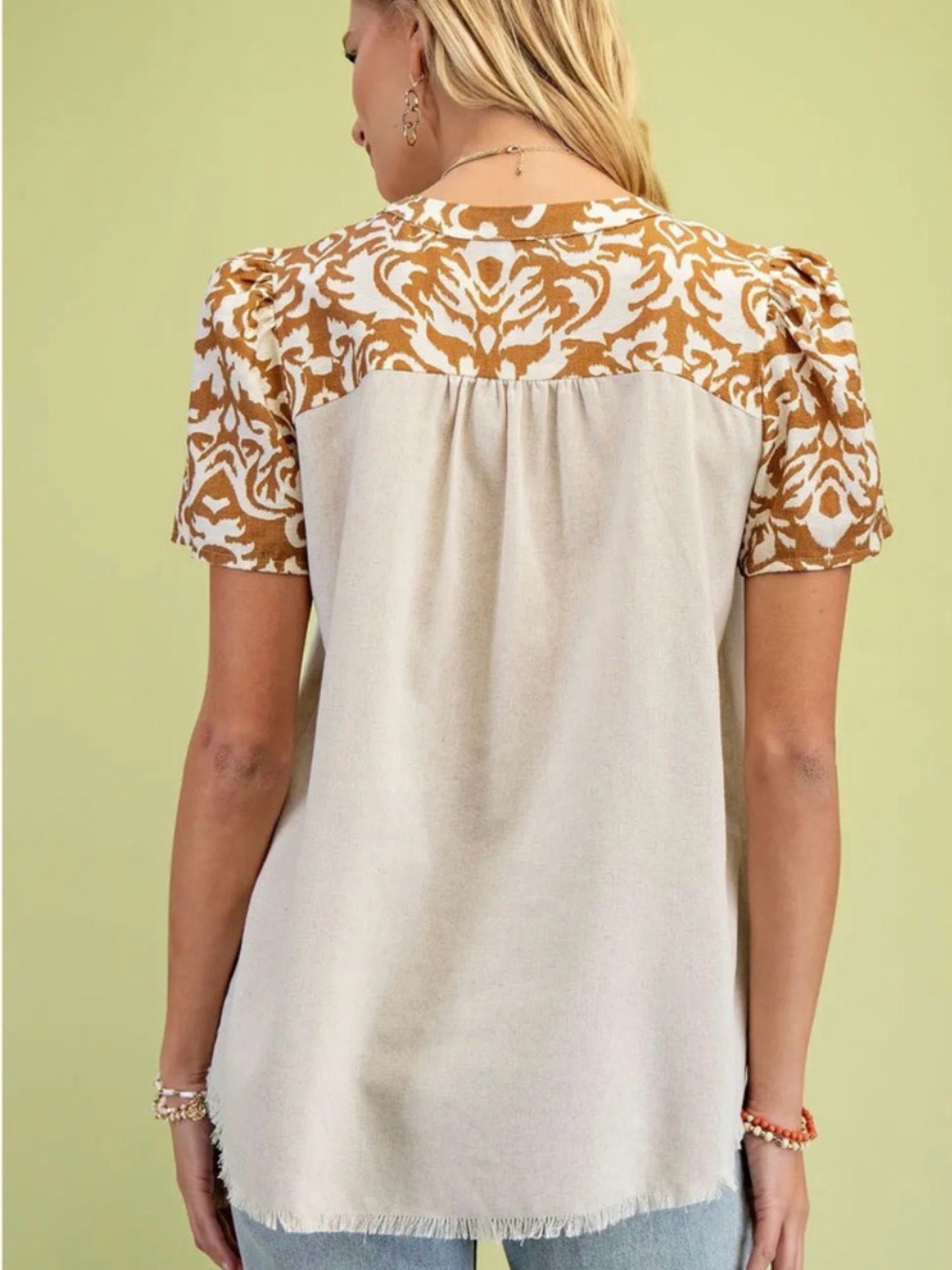 GiGio Pleated Frayed Hem Button Down Blouse - Picture 3 of 4